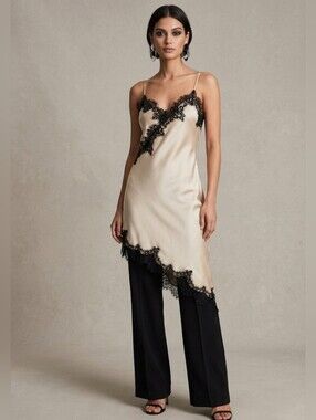 CAPUCCINO Long Assymetrical Elegant Cream Slip Dress with Black Lace Trim Size L